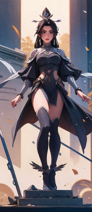 Generate hyper realistic image of a sorceress with tossled long black hair, dressed made with raven feathers, an evil character, stage play background 