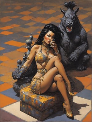 a shapely bossomed party girl sipping a cocktail, sitting on a giant chess board