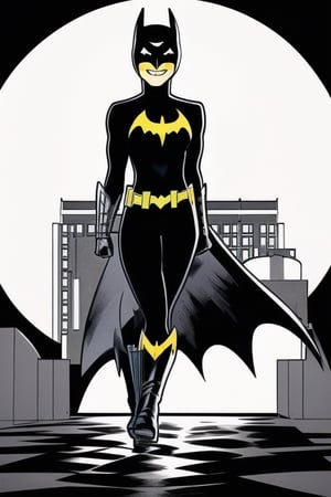 ((Generate hyper realistic ink sketch full-body_portrait, featuring Batgirl)), gazing out on a high-rise against a full moon background. High quality, realistic, Masterpiece. hyperdetailed:1.2) (high quality), masterpiece, vibrant