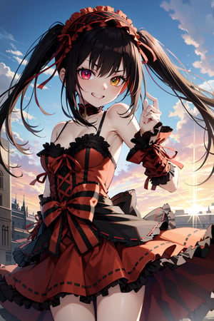 absurdres, highres, ultra detailed, 1girl, solo, aakurumi, 1girl, long hair, twintails, hairband, heterochromia, black choker, red ribbon, bare shoulders, gothic, red dress, red bow, detached sleeves, red skirt, 
oil