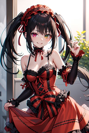 absurdres, highres, ultra detailed, 1girl, solo, aakurumi, 1girl, long hair, twintails, hairband, heterochromia, medium breasts, cleavage, black choker, red ribbon, bare shoulders, gothic, red dress, red bow, detached sleeves, red skirt, outdoors, skirt hold,
