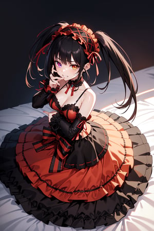absurdres, highres, ultra detailed, 1girl, solo, aakurumi, 1girl, long hair, twintails, hairband, heterochromia, black choker, red ribbon, bare shoulders, gothic, red dress, red bow, detached sleeves, red skirt, full_body, seductive_pose