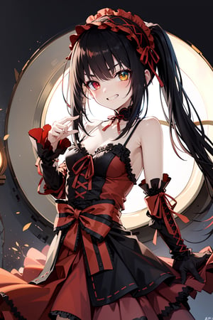 absurdres, highres, ultra detailed, 1girl, solo, aakurumi, 1girl, long hair, twintails, hairband, heterochromia, black choker, red ribbon, bare shoulders, gothic, red dress, red bow, detached sleeves, red skirt, oil paint