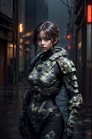 character portrait of a big fitness female warrior in halo ((Camouflage armor)) in a desolate cyberpunk wasteland city, 8 k, realistic shading, concept art, digital painting, illustration, matte painting, moody lighting, sharp focus, minimal artifacts, wet, heavy rain, rainstorm