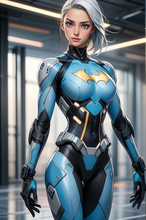 Best picture quality, high resolution, 8k, realistic, sharp focus, realistic image of elegant lady, Korean beauty, supermodel, pure white hair, blue eyes, wearing high-tech cyberpunk style blue Batgirl suit, radiant Glow, sparkling suit, mecha, perfectly customized high-tech suit, ice theme, custom design, 1 girl,swordup, looking at viewer