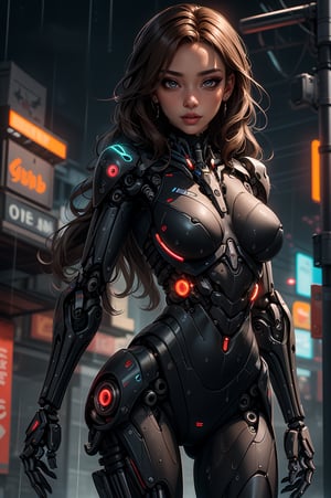 High-resolution photo,(((semi-mechanical beauty))),
 female cyborg, clad in tactical bodysuit, extra long wavy brown hair, sparkling eyes, expressive face, tanned beige skin, looking at viewer, blush, flower, frills, vampire fangs, (abstract neon background), (heavy rain), (wet skin), dynamic camera angle,(PnMakeEnh), artwork by sweetroll
,(((human body combined with mechanical components))),urban techwear