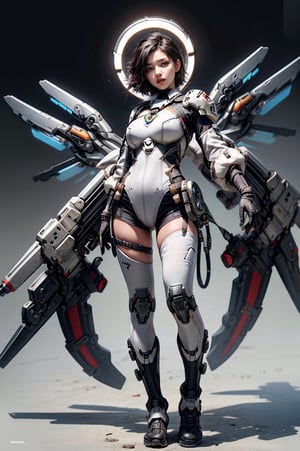 1girl, solo, mercy_(overwatch), halo, black_hair, wings, grey_background, mechanical_halo, full_body, armor, weapon, hair_over_one_eye, staff, holding, knee_pads, short_hair, mechanical_wings, gloves, looking_at_viewer, simple_background, holding_staff, boots, breastplate, black_eyes, standing, pelvic_curtain, bodysuit, lips, spread_wings, breasts, official_alternate_costume