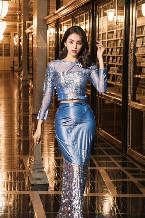 1girl, Myanmar, 25, perfect body, sexy pose, standing, wearing blue acmm outfit, transparent outfit, tight outfit, in a library, wide hips