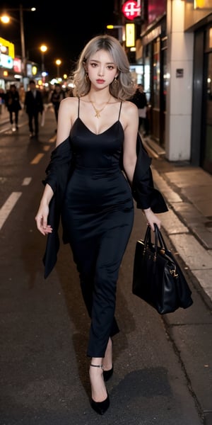 A girl, solo, looking at the viewer, she looks gracefully, with white skin, golden eyes, Gray hair, curly hair, hair ornament, show two bare shoulders, large breasts, charming and pink lips, cleavage, whole body with formal business casual long and black dress, wear luxury white coats, handing luxury bag, the gold circle earring with diamonds,  gold necklace, she is very confidence and rich of culture. stand out with the crowd, the background is the street of Kabukicho district, the night, full body view from head to feet,