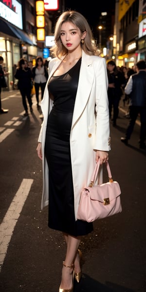 A girl, solo, looking at the viewer, she looks gracefully, with white skin, golden eyes, Gray hair, curly hair, hair ornament, two bare shoulders large breasts, charming and pink lips, cleavage, whole body with formal business casual long and black dress, wear luxury white coats, handing luxury bag, the gold circle earring with diamonds,  gold necklace, she is very confidence and rich of culture. stand out with the crowd, the background is the street of Kabukicho district, the night, full body view from head to feet,