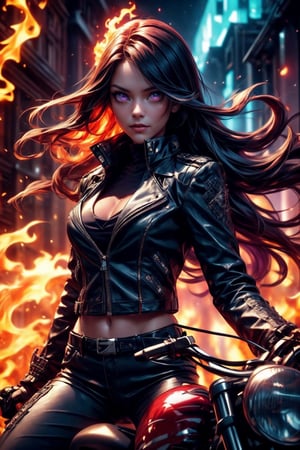 ((Generate hyper realistic image of  captivating scene featuring a stunning 22 years old girl, on a motorcycle)) with long dark hair,  flowing in wind, donning a black leather shorts and a Black jacket over is naked body, piercing, blue eyes, photography style , Extremely Realistic,  ,photo r3al,photo of perfecteyes eyes,realistic,leather,ghostrider, hair of fire, eyes of fire,RED FIRE GREEN FIRE BLUE FIRE PURPLE FIR
