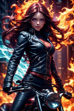 ((Generate hyper realistic image of  captivating scene featuring a stunning 22 years old girl, on a motorcycle)) with long dark hair,  flowing in wind, donning a black leather shorts and a Black jacket over is naked body, fire eyes, photography style , Extremely Realistic,  ,photo r3al,photo of perfecteyes eyes,realistic,leather,ghostrider, hair of fire, eyes of fire,RED FIRE GREEN FIRE BLUE FIRE PURPLE FIR