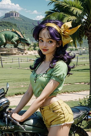 girl, light eyes, dark purple hair, trees in the background, 1 girl, smile, dragon ball, wide hips, narrow waist, 26 years old, REALISTIC, short green blouse, yellow shorts, girl a dinosaur, a rider, a girl on a motorcycle in the background there are dinosaurs, a landscape with mountains in the background, campaign in the background, looking at the viewer, side view, headband with red bow, sexy pose, styles pose, Ankylosaurus_Dinosaur,