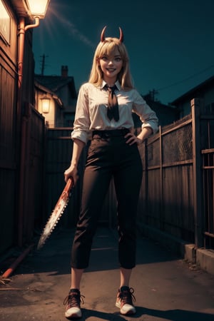 masterpiece, artistic design, image of a girl in a white shirt and black tie, elegant black pants and black shoes, soft lighting, cinematic lighting, volumetric lighting, city at night, dynamic pose, tense skin, sweating, detailed, young face, best quality, 1 girl, bangs, deep yellow eyes, full body, long hair, looking at viewer, nsfw:1.3, sexy pose, perfect anatomy, long hair, light blonde hair, wide hips, narrow waist, different postures, sexy posture, power_csm,power (csm),1 girl,masterpiece,best, night, saw in hands, red horns, smile, sharp teeth, blood dripping from lips, crazy face, standing posture
quality, REALISTIC, makima (chainsaw man), makima (chainsaw, full body, slit pupils, fangs, crazy smile, j3ff face, crazy face, straight hair,