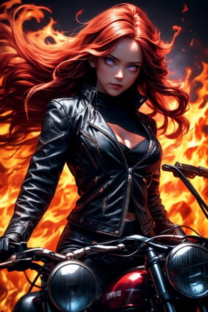 ((Generate hyper realistic image of  captivating scene featuring a stunning 22 years old girl, on a motorcycle)) with long fiery hair,  flowing in wind, donning a black leather shorts and a Black jacket over is naked body, fire eyes, photography style , Extremely Realistic,  ,photo r3al,photo of perfecteyes eyes,realistic,leather,ghostrider, hair of fire, eyes of fire,RED FIRE GREEN FIRE BLUE FIRE PURPLE FIR