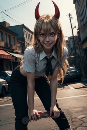 masterpiece, artistic design, image of a girl in a white shirt and black tie, elegant black pants and black shoes, soft lighting, cinematic lighting, volumetric lighting, city at night, dynamic pose, tense skin, sweating, detailed, young face, bending over and looking forward, best quality, 1 girl, bangs, red eyes, full body, long hair, looking at viewer, nsfw:1.3, sexy pose, perfect anatomy, long hair, light blonde hair, body leaning forward, wide hips, narrow waist, power_csm,power (csm),1 girl,Masterpiece,best , electric locks in the hands, night,  chawsaw in hands, red horns, smile, sharp teeth, blood dripping from lips, crazy face
quality,REALISTIC,makima (chainsaw man),makima(chainsaw , full body, ,slit pupils,fangs, crazy smile,j3ff face,Crazy face, straight hair