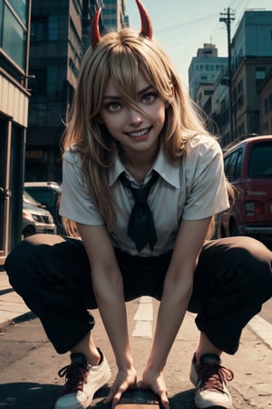 masterpiece, artistic design, image of a girl in a white shirt and black tie, elegant black pants and black shoes, soft lighting, cinematic lighting, volumetric lighting, city at night, dynamic pose, tense skin, sweating, detailed, young face, bending over and looking forward, best quality, 1 girl, bangs, deep yellow eyes, full body, long hair, looking at viewer, nsfw:1.3, sexy pose, perfect anatomy, long hair, light blonde hair, wide hips, narrow waist, different postures, sexy posture, power_csm,power (csm),1 girl,masterpiece,best, night, saw in hands, red horns, smile, sharp teeth, blood dripping from lips, crazy face
quality, REALISTIC, makima (chainsaw man), makima (chainsaw, full body, slit pupils, fangs, crazy smile, j3ff face, crazy face, straight hair,