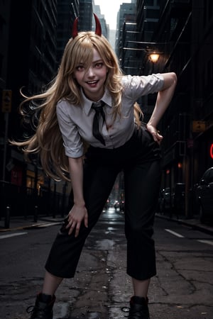 masterpiece, artistic design, image of a girl in a white shirt and black tie, elegant black pants and black shoes, soft lighting, cinematic lighting, volumetric lighting, city at night, dynamic pose, tense skin, sweating, detailed, young face, bending over and looking forward, best quality, 1 girl, bangs, red eyes, full body, long hair, looking at viewer, nsfw:1.3, sexy pose, perfect anatomy, long hair, light blonde hair, body leaning forward, wide hips, narrow waist, power_csm,power (csm),1 girl,Masterpiece,best , electric locks in the hands, night,  chawsaw in hands, red horns, smile, sharp teeth, blood dripping from lips, crazy face
quality,REALISTIC,makima (chainsaw man),makima(chainsaw , full body, ,slit pupils,fangs, crazy smile