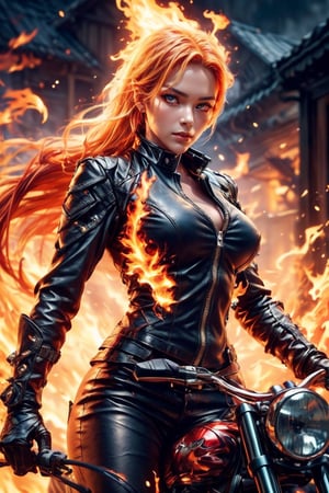 ((Generate hyper realistic image of  captivating scene featuring a stunning 22 years old girl, on a motorcycle)) with long fiery hair,  flowing in wind, donning a black leather shorts and a Black jacket over is naked body, fire eyes, photography style , Extremely Realistic,  ,photo r3al,photo of perfecteyes eyes,realistic,leather,ghostrider, hair of fire, eyes of fire,RED FIRE GREEN FIRE BLUE FIRE PURPLE FIR,1girl,huoshen