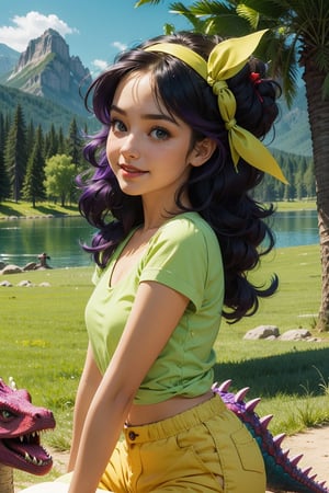 girl,light_eyes, dark purple hair, trees in background,1 girl, smile,dragon ball, chichi, helmet, wide hips, narrow waist, 26 years old ,1girl,adult human,REALISTIC ,short green blouse, yellow shorts, girl on a dinosaur, rider, girl on a dinosaur, a landscape with mountains in the background, campaign in the background, looking-at-viewer, side_view,red bow hairband,Sexy Pose,Styles Pose,Ankylosaurus_Dinosaur,dragon,pet dragon