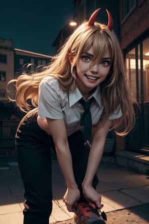 masterpiece, artistic design, image of a girl in a white shirt and black tie, elegant black pants and black shoes, soft lighting, cinematic lighting, volumetric lighting, city at night, dynamic pose, tense skin, sweating, detailed, young face, bending over and looking forward, best quality, 1 girl, bangs, red eyes, full body, long hair, looking at viewer, nsfw:1.3, sexy pose, perfect anatomy, long hair, light blonde hair, body leaning forward, wide hips, narrow waist, power_csm,power (csm),1 girl,Masterpiece,best , electric locks in the hands, night,  chawsaw in hands, red horns, smile, sharp teeth, blood dripping from lips, crazy face
quality,REALISTIC,makima (chainsaw man),makima(chainsaw , full body, ,slit pupils,fangs, crazy smile,j3ff face,Crazy face, straight hair, mouth_open