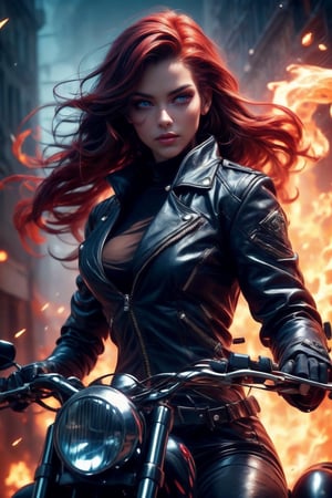 ((Generate hyper realistic image of  captivating scene featuring a stunning 22 years old girl, on a motorcycle)) with long dark hair,  flowing in wind, donning a black leather shorts and a Black jacket over is naked body, piercing, blue eyes, photography style , Extremely Realistic,  ,photo r3al,photo of perfecteyes eyes,realistic,leather,ghostrider, hair of fire, eyes of fire,RED FIRE GREEN FIRE BLUE FIRE PURPLE FIR,Ghost mask 