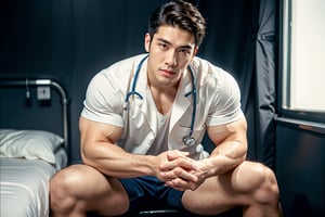 Hansome Doctor in hospital, (doctor uniform), Brown short hair,(eyes open looking at viewer), film grainbest quality, ( a handsome 30 year olds muscle hunk),  HD, 8K,perect hands,muscle, perfect face, perfect legs, face detail, hansome, Asian, cum short,best quality,Detailedface,Little_Mac,wetclothes,Big dick,Portrait