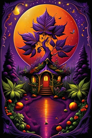 purple red green yellow dark orange garden, garden marijuana, 8k, detailed moon, butterflys, tree house marijuana, album cover,detailmaster2,HellAI,Leonardo Style
