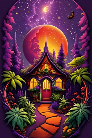 purple red green yellow dark orange garden, garden marijuana, 8k, detailed moon, butterflys, tree house marijuana, album cover,detailmaster2,HellAI,Leonardo Style