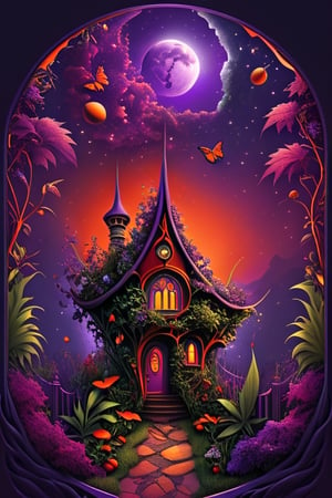 purple red green dark orange garden, garden marijuana, 8k, detailed moon, butterflys, tree house, album cover,detailmaster2,HellAI,Leonardo Style