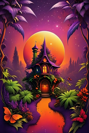 purple red green yellow dark orange garden, garden marijuana, 8k, detailed moon, butterflys, tree house, album cover,detailmaster2,HellAI,Leonardo Style