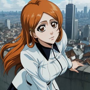 hight quality,(long shot),1080P, beautiful face,1girl,solo,in provocative pose,with day city in the background, orihime inoue from bleach,orihimedef