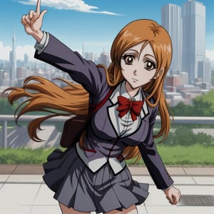 hight quality,(long shot),1080P, beautiful face,1girl,solo,in provocative pose,in school uniform original anime,with day city in the background, orihime inoue from bleach,orihimedef