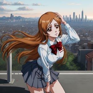 hight quality,(long shot),1080P, beautiful face,1girl,solo,in provocative pose,in school uniform,with day city in the background, orihime inoue from bleach,orihimedef