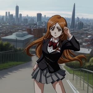 hight quality,(long shot),1080P, beautiful face,1girl,solo,in provocative pose,in school uniform,with day city in the background, orihime inoue from bleach,orihimedef