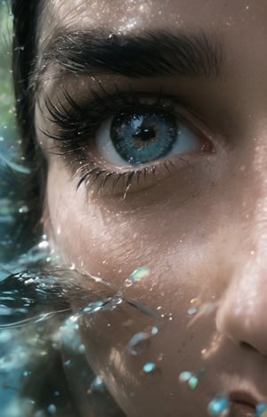 It generates a high-quality cinematic image, extreme details, ultra definition, extreme realism, high-quality lighting, 16k UHD, a very close-up of a woman's face in profile but only half of her face is visible, only her eye, she is submerged in the sea and only her eye is appreciated, her eye is full of glitter and glitter,  He has freckles on his cheek and nose, they are also shiny, you can see his wet skin and hair,underwater,diving_the_water_background,bubble,perfecteyes eyes,blue eyes,shine eyes01