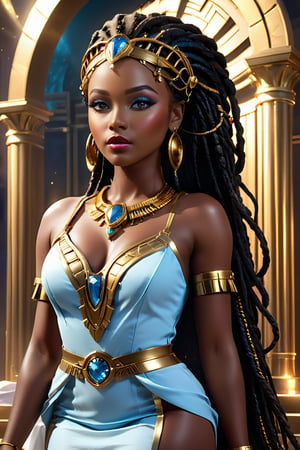 (Best Quality, Masterpiece: 1.2), Create a very dark-skinned woman with African features, large eyes, a small and wide nose, full lips and a large mouth ((hyper realistic)) in a white bodycon dress, with gold details. She has a light blue and gold makeup. In her BLACK hair she has dreadlocks with gold accessories. His hands are perfect with no mistakes. His style is that of MEL MEDARDA DE ARCANE from League of Legends