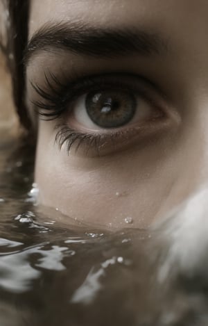 It generates a high-quality cinematic image, extreme details, ultra definition, extreme realism, high-quality lighting, 16k UHD, a very close-up of a woman's face in profile but only half of her face is visible, only her eye, she is submerged in the sea and only her eye is visible, she has freckles on her cheek and nose,   They are also shiny, you can see their wet skin and hair. You have a scar just below your eye