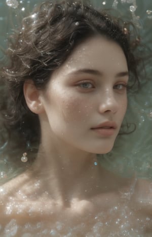 It generates a high-quality cinematic image, extreme details, ultra definition, extreme realism, high-quality lighting, 16k UHD, a very close-up of a woman's face in profile but only half of her face is visible, only her eye, she is submerged in the sea and only her eye is appreciated, her eye is full of glitter and glitter,  He has freckles on his cheek and nose, they are also shiny, you can see his wet skin and hair,underwater