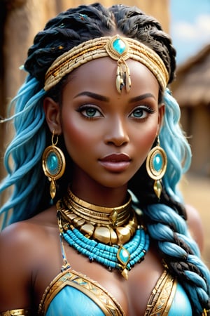 (best quality, masterpiece: 1.2), Create a woman with very dark skin, with African features, large eyes, small and wide nose, full lips and large mouth, FRECKLES IN THE AREA OF HER NOSE AND CHEEKBONES ((hyper realistic)) with a tight white dress, with gold details. She has a light blue and gold makeup. In her BLACK hair she has dreadlocks with gold accessories. His hands are perfect with no mistakes. His style is that of MEL MEDARDA DE ARCANE from League of Legends