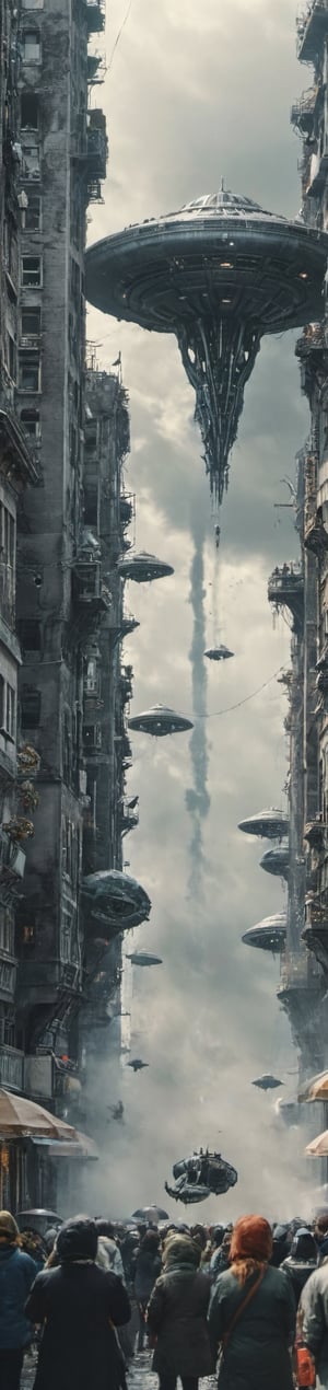 It generates a high-quality cinematic image, extreme details, ultra definition, extreme realism, high-quality lighting, 16k UHD, some aliens in the middle of the city, waving to an alien  Extraterrestrial Spacecraft in the sky, the lighting is midday,grey_alien,ftspcft