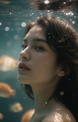It generates a high-quality cinematic image, extreme details, ultra definition, extreme realism, high-quality lighting, 16k UHD, a very close-up of a woman's face in profile but only half of her face is visible, only her eye, she is submerged in the sea and only her eye is appreciated, her eye is full of glitter and glitter,  He has freckles on his cheek and nose, they are also shiny, you can see his wet skin and hair