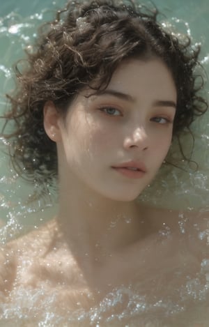 It generates a high-quality cinematic image, extreme details, ultra definition, extreme realism, high-quality lighting, 16k UHD, a very close-up of a woman's face in profile but only half of her face is visible, only her eye "perfect eye", she is submerged in the sea and only her eye is appreciated, her eye is full of glitter and glitter,  He has freckles on his cheek and nose, they are also shiny, you can see his wet skin and hair,underwater