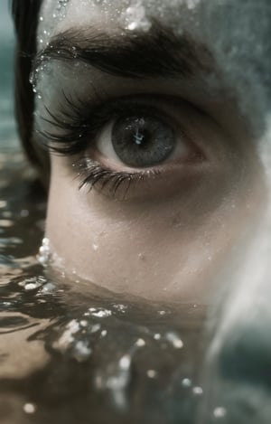It generates a high-quality cinematic image, extreme details, ultra definition, extreme realism, high-quality lighting, 16k UHD, a very close-up of a woman's face in profile but only half of her face is visible, only her eye, she is submerged in the sea and only her eye is appreciated, her eye is full of glitter and glitter,  He has freckles on his cheek and nose, they are also shiny, you can see his wet skin and hair,underwater,diving_the_water_background,bubble