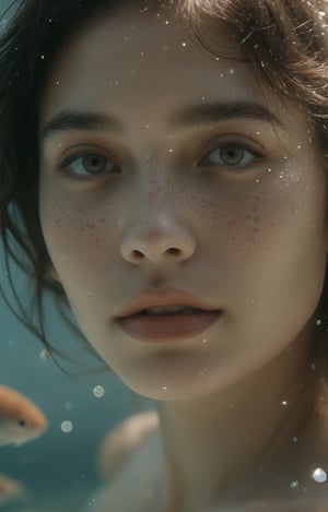 It generates a high-quality cinematic image, extreme details, ultra definition, extreme realism, high-quality lighting, 16k UHD, a very close-up of a woman's face but only half of her face is visible, only her eye, she is submerged in the sea and only her eye is appreciated, her eye is full of glitter and brightness,   He has freckles on his cheek and nose, they are also shiny, you can see his wet skin and hair,Masterpiece,redglitterstyle