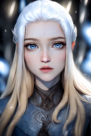 Realistic Cinematic Render, Ice Lighting, Cool Blonde Woman In Chic Dress, Blue Hair, Skinny, Glowing Blue Eyes, White skin, white walkers style from Game of Thrones, Unearthly beauty,  High Quality, K-Eyes