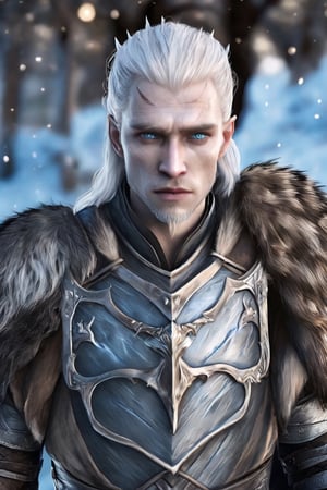 Realistic Cinematic Render, Ice Lighting, Cool Man in a gorgeous leather armor, platinum Hair, Skinny, Glowing Blue Eyes, White skin, white walkers style from Game of Thrones, Unearthly beauty,  High Quality, K-Eyes