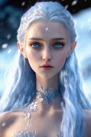 Realistic Cinematic Render, Ice Lighting, Cool Blonde Woman In Chic Dress, Blue Hair, Skinny, Glowing Blue Eyes, White skin, white walkers style from Game of Thrones, Unearthly beauty,  High Quality, K-Eyes