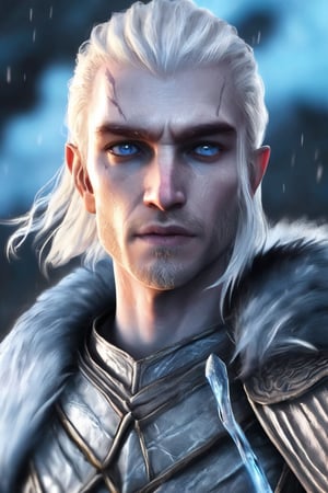 Realistic Cinematic Render, Ice Lighting, Cool Man in a gorgeous leather armor, platinum Hair, Skinny, Glowing Blue Eyes, White skin, white walkers style from Game of Thrones, Unearthly beauty,  High Quality, K-Eyes