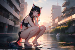 2 cute cat girls were playing in the water by the river, squatting or sitting. 
(long multi-colored hair, bangs), looking at the viewer, (obviously non-black eyes), long eyebrows, soft makeup, ombre lips, (huge breasts), plump body, long straight legs, sweet, Finger Detailed, Background Detailed, Ambient Lighting, Extremely Detailed, Cinematic Shots, Realistic Illustrations, Masterpiece, Perfect Skin,

Sun exposure, outdoor, quiet, normal feet, no redundant text and watermarks, normal legs crossed, normal feet, normal nipples, normal body, normal limbs, normal ass, beauty, masterpiece, real, realistic, cyberpunk ,鄰家女孩,cyber punk,Fusion monster,creature